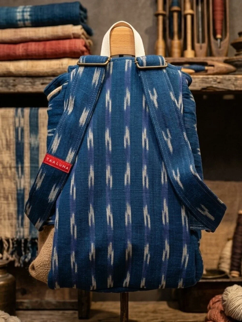 Taaluma Totes Guatemala Travel Backpack Blue Woven Ikat Boho Shark Tank